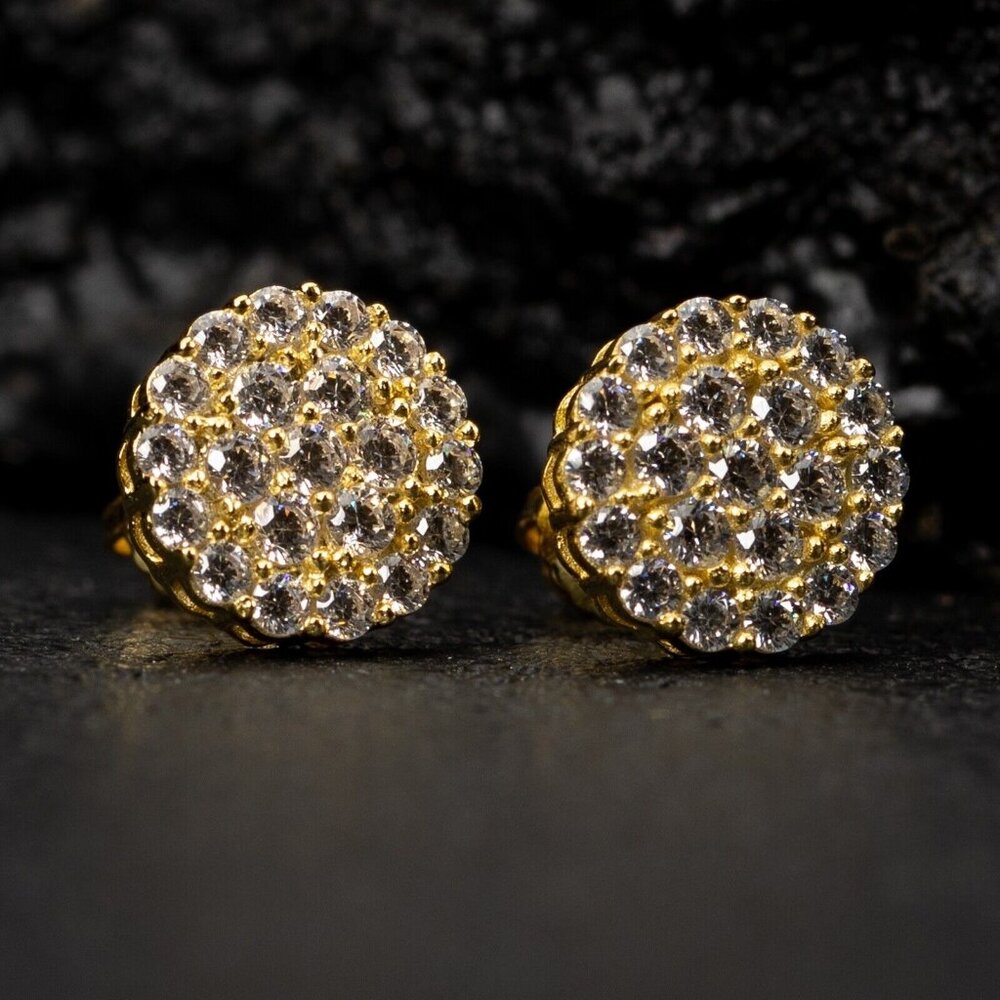 Flower Set Gold Plated 925 Sterling Silver Iced Cz Round Cluster Stud Earrings